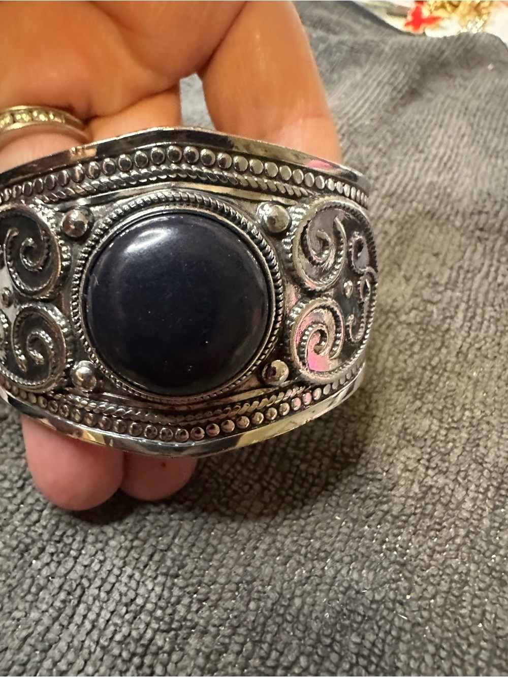 Ornate Silver-Tone Black Stone Cuff Bracelet